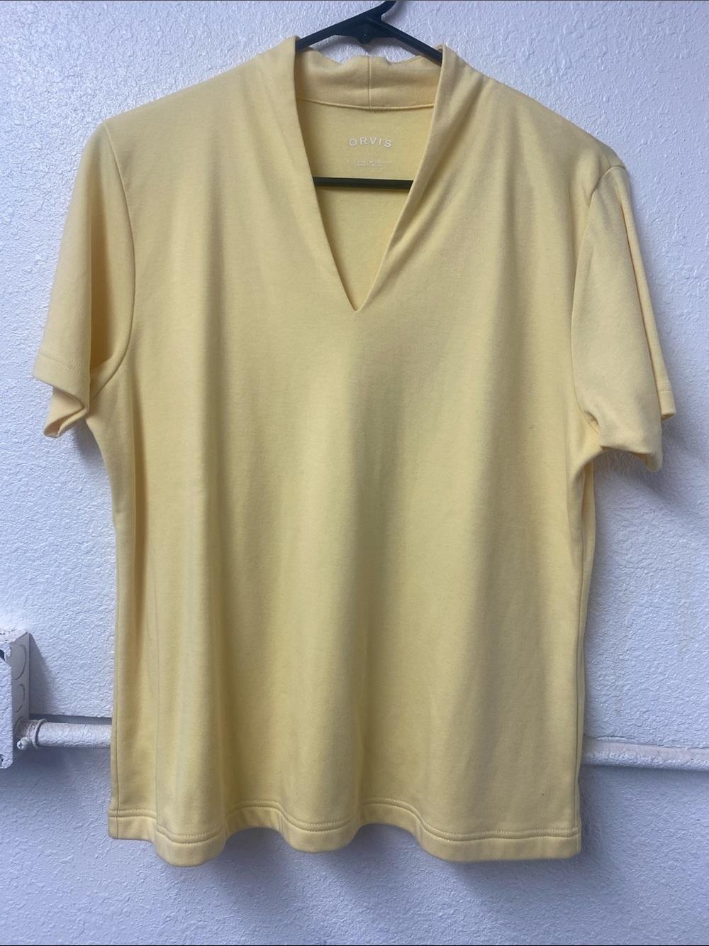 Orvis- Butter Yellow Narrow V-Neck Short Sleeve Tee - cotton blend thick knit